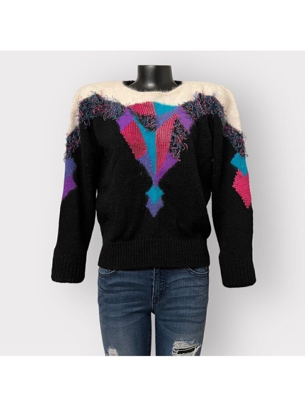 Eugenia Angenie VINTAGE 80s Color Block Sweater Medium Angora Wool Retro Chunky